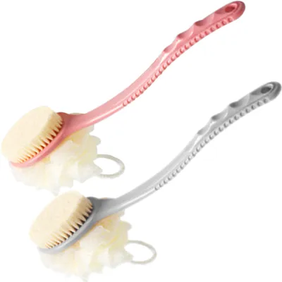 Productafbeelding van Rugborstel voor de douche, doucheborstel met lange handgreep, badborstel met borstelharen en loofah, 2-delig, peelingrugborstel voor dames, heren en senioren (grijs + roze)
