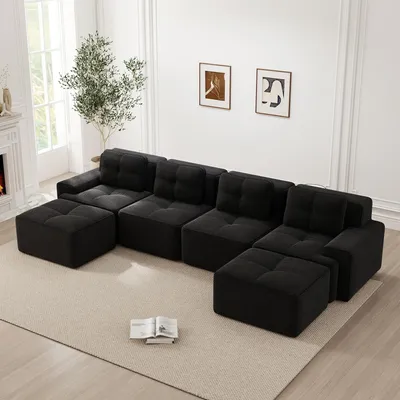 Produktbild von Modulares U-Form Sofa mit Chaiselongue, 4-Sitzer Corduroy-Wohnsofa, Tiefsitz-Design, montagefrei, rutschfest