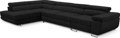 A black sectional sofa with a chaise lounge is shown against a white background.