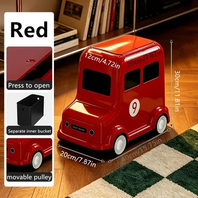 Produktbild von 18L Mülleimer im Auto‑Design, Druckdeckel, herausnehmbarer Inneneimer mit Rollen, Abfalleimer für Wohnzimmer Schlafzimmer,Retro‑Rot