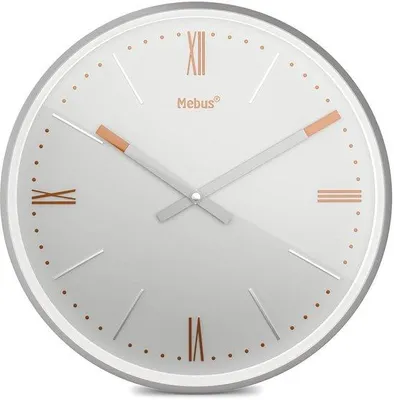 Zdjęcie produktu dla Zegar ścienny Mebus TinyTime z cyframi rzymskimi | Zegar ścienny bez odgłosu tykania | Średnica 25 cm | Klasyczna tarcza w kolorze jasnoszarym | Srebrna obudowa | Akcenty w kolorze miedzianym, 19779