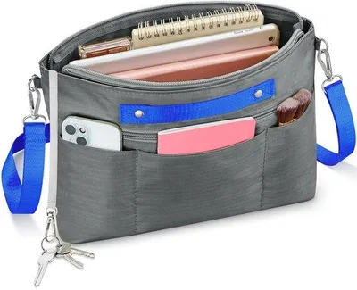 Zdjęcie produktu dla Wodoodporny organizer do torebki z nylonu, szary, mały, z paskiem na ramię