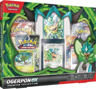 A Pokémon TCG Ogerpon ex Premium Collection box is displayed, showcasing its contents and branding.