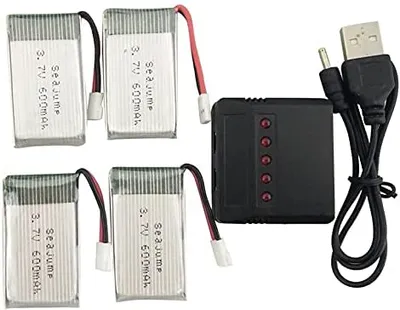 Obrázok produktu pre Sada 4 batérií LiPo 3,7 V 600 mAh pre drony | Kompatibilné s batériami Syma X5, Cheerson CX-30W, Skytech M68 | Vysoký výkon a dlhá životnosť | S nabíjačkou, strieborná