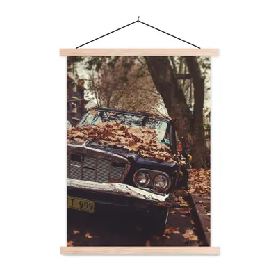 Produktbild von MuchoWow® Textilposter Auto - Herbstblätter - Landleben 60x80 cm mit holzfarbenen Rahmen - Wandbild