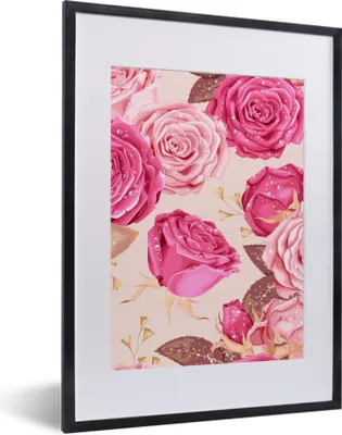 Produktbild von MuchoWow® Gerahmtes Poster Rosen - Blätter - Rosa - Tropfen 30x40 cm - Poster mit Schwarzem Bilderrahmen Wandposter Rahmen Foto Bilder - Wandposter Schlafzimmer