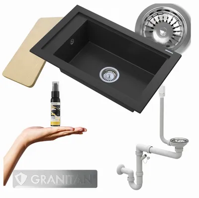 Produktbild von Granitan | Spülbecken Granit - Schwarz - 68,6x42,7 cm - PANAMA + Siphon + Schneidebrett