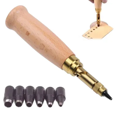 Image de Jeu de 6 poinçons Lochstanzer, tailles de 1,5 à 4 mm, avec manches en bois, pour le travail du cuir, du papier et de l'artisanat