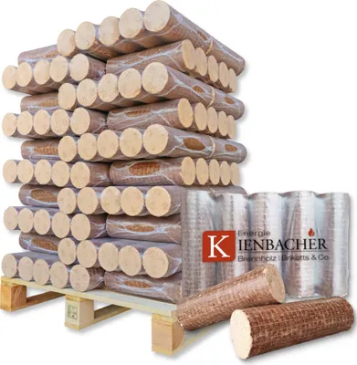 A pallet stacked with packages of wood briquettes, with some loose briquettes in the foreground and a logo in the midground.