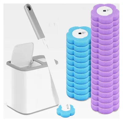 Produktbild von Einweg Toilettenbürsten Kit mit 30 Stück Reinigern, hygienische Nachfüllungen, Schwamm WC-Bürste mit Halter und Randreiniger für Waschbecken und Badewanne (Grau)
