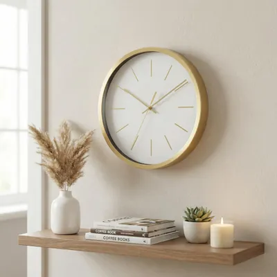 Wandklok Ø 25 cm, aluminium frame goud, stille kwartsklok, wit