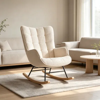 Zdjęcie produktu dla Fotel bujany INONEFT, fotel relaksacyjny, fotel z podłokietnikami, idealny do salonu, obicie z wełny owczej, kolor beżowy
