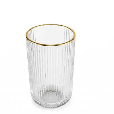 Produktbild von PRIMA DECO Riffelglas 400 ml mit Goldrand – hohes Trinkglas aus Glas, spülmaschinengeeignet
