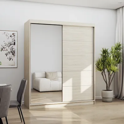 Produktbild von Schwebetürenschrank Kleiderschrank Bono 05, 160 cm, Sonoma/Sonoma mit Spiegel