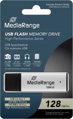 Produktbild von MediaRange MR1902, 128 GB, USB Typ-A, 3.2 Gen 1 (3.1 Gen 1), 220 MB/s, Kappe, Schwarz, Silber