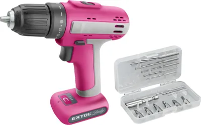 A pink cordless drill and a set of drill bits are displayed against a white background.