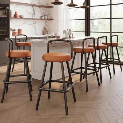 Image de Lot de 6 tabourets de bar marron, tabourets de comptoir modernes en cuirPolyuréthanehydrofuge, tabourets de bar confortables avec dossier et repose-pieds, pieds métalliques robustes, style industriel
