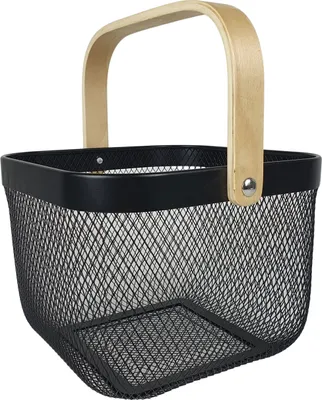 Produktbild von SESUA Aufbewahrungskorb Metall mit Holzgriff schwarz 26x26x18cm Allzweckkorb Drahtkorb Küche Bad Büro Vorratskammer