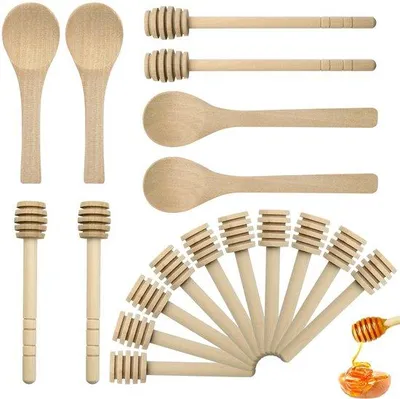 Produktbild von Set mit Honiglöffeln - 2x 15 cm / 2x 10 cm / 10x 8 cm - Holzene Honiglöffel - Rutschfest - Leicht - Langlebiges Material - Honiglöffel