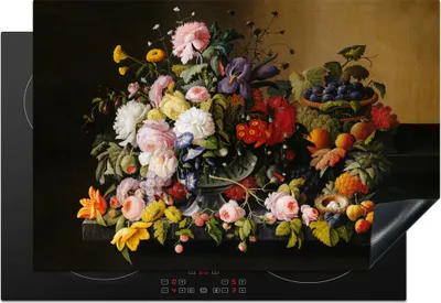 Produktbild von KitchenYeah© Herdabdeckplatte Stilleben mit Blumen und Früchten - Kunstwerk - Alte Meister , 76x51cm, Küche Deko, Glaskeramikkochfeld Herdabdeckung, Abdeckplatte fùr Kochfeld