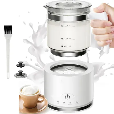 Obrázek produktu pro Elektrický napěňovač mléka – teplá i studená mléčná pěna pro latte macchiato, cappuccino a kakao. Vizuální skleněný elektrický napěňovač mléka 4 v 1