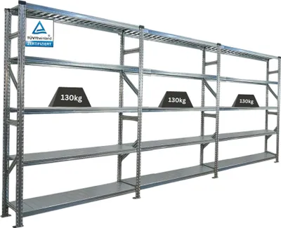 Produktbild von Fachbodenregal PROXIMO mit  Stecksystem | Komplettregal | HxBxT 200x450x32cm | 5 Ebenen | Fachlast 130 kg | Beidseitig nutzbar | Verzinkt