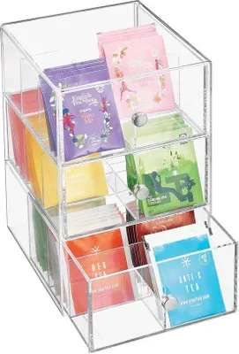 Produktbild von Küchenschublade mit 3 Regalen, Aufbewahrungsbox für Teebeutel, Kaffeepads, Süßstoffe und mehr, Kunststoffschublade mit 18 Fächern