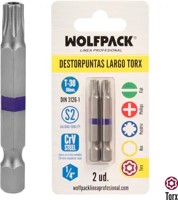 Image de Embouts de tournevis longs Torx T30 (2 pièces). Acier au chrome-vanadium S2. Embouts hexagonaux, extracteur de pointe,