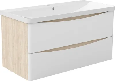Image de Acezanble Meuble de salle de bain suspendu 99 cm avec vasque, 2 tiroirs, Blanc brillant et Chêne