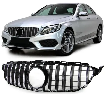 Obrázok produktu pre Športový predný nárazník čiernej farby s lesklými chrómovými doplnkami, určený pre modely Mercedes-Benz C-Trieda W205 (sedan/limuzína) / S205 (kombi)