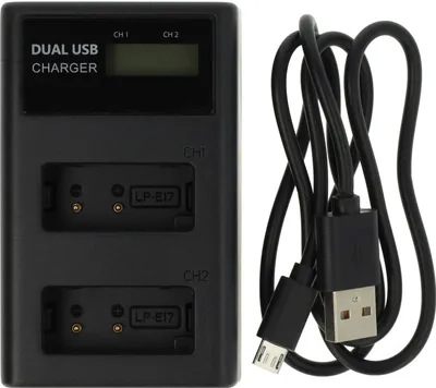 Produktbild von vhbw Dual Micro-USB + USB-C Ladegerät kompatibel mit Canon EOS Rebel SL3, Rebel T6i Kamera - Ladeschale + Micro-USB Kabel Ladeanzeige + Display