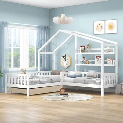 Obrázek produktu pro Fortuna-Lai dětská postel 90x200cm/140x70cm domeček postel z masivního dřeva konstrukce L dětský domeček se zásuvkami, policemi, ohrádkou a roštovou podnoží, borovicová postel na hraní dětský domeček pro dvě děti