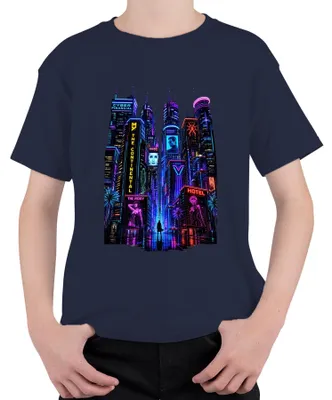 Immagine prodotto di T-shirt per bambini, stile cyberpunk, con immagine di un paesaggio urbano futuristico con luci al neon, ispirato al Giappone degli anni 2000 e alla musica synthwave, colore blu navy, taglia 104