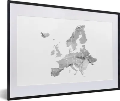 Produktbild von MuchoWow® Gerahmtes Poster Europa-Karte in Aquarell - schwarz und weiß 60x40 cm - Poster mit Schwarzem Bilderrahmen Wandposter Rahmen Foto Bilder - Schlafzimmer - Plakat in Rahmen - Drucken