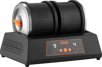 A VEVOR electric polishing machine with a double drum is shown against a white background. The machine is black with silver and orange accents. The digital display shows numbers and buttons.