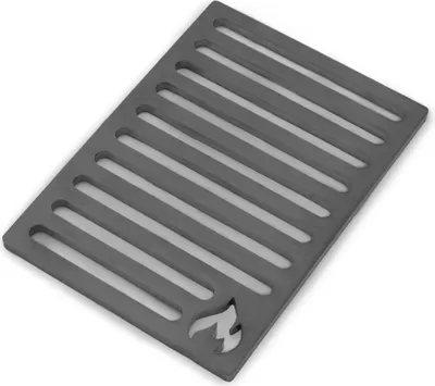 A gray metal grate with parallel slots and a flame logo cut out of one corner, placed on a white background.