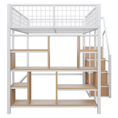 Produktbild von Flieks Etagenbett 140x200cm mit Bücherregal, Hochbett Metallbett mit Treppe und Kleiderstange, Kinderbett mit Rausfallschutz und Lattenrost, Weiß