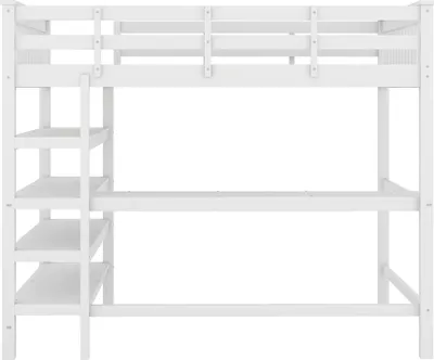 Produktbild von Flieks Hochbett mit Schreibtisch und Regalen onhe Stuhl Kiefernholzbett Kinderbett mit Lattenrost 140x200cm