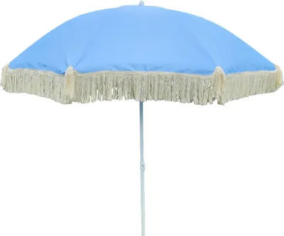 A light blue beach umbrella with beige fringe, shown against a white background.