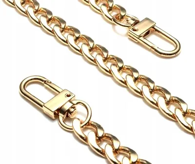 A close-up shot of a gold-colored metal chain with two clasps, presented on a white background.