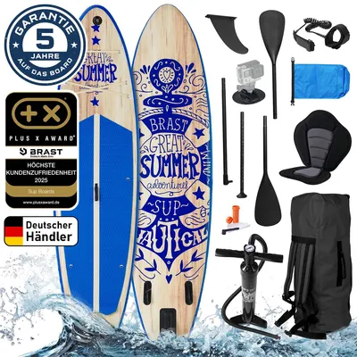 Produktbild von BRAST SUP Board Summer | Aufblasbares Stand up Paddle Set | 320x81x15cm | 6 Designs | inkl. Sonderzubehör | 2in1 Paddel Kajak-Sitz Action-Cam-Halterung Fußschlaufe Rucksack | Natural Blau
