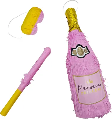 Produktbild von Relaxdays Pinata Sektflasche, Pinata zum Aufhängen, Geburtstag, Partypinata zum Befüllen, mit Stock & Maske, rosa/gold