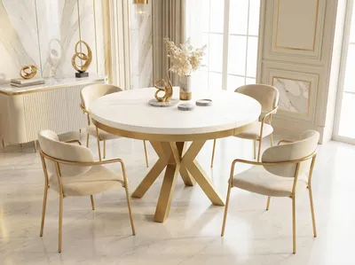 Produktbild von Runder Ausziehbarer Esstisch im Loft-Stil - Industrieller Tisch mit Goldenen Metallbeinen - Platzsparender Tisch für Wohnzimmer - Weiß - 100 bis 180 cm