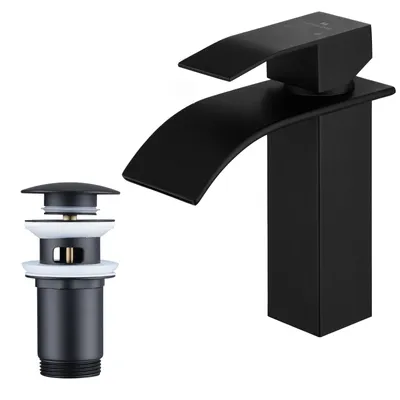 Produktbild von Homelody Wasserhahn Bad mit Pop-Up Ventil Messing Ablaufgarnitur,Schwarz Waschtischarmatur Wasserfall,Waschbecken Armaturen fur waschbecken,Edelstahl