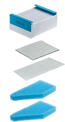 A collage of air filter components, including a main filter unit and separate filter layers.