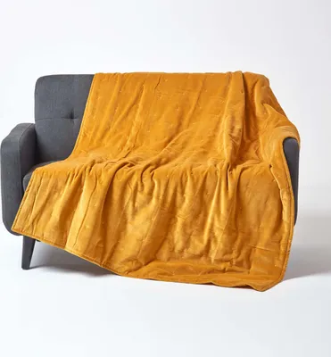 Immagine prodotto di HOMESCAPES Coperta imbottita in velluto giallo senape - Copriletto in velluto di cotone, 125x150 cm