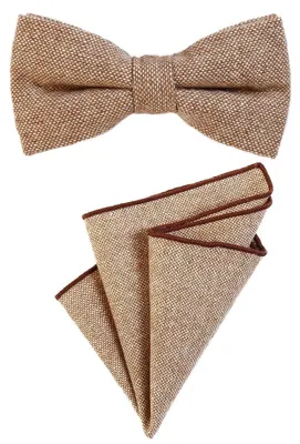 Produktbild von DonDon Herren Fliege 12 x 6 cm gebunden längenverstellbar und Einstecktuch 23 x 23 cm farblich passend aus Baumwolle hellbraun weiß