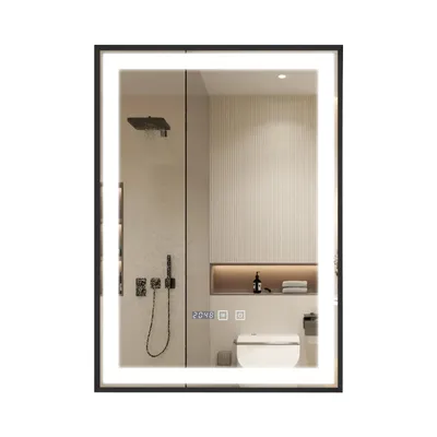 Produktbild von Puluomis Badspiegel 50x70 beschlagfrei mit 3 Farbe Beleuchtung, dimmbare Helligkeit, Badezimmerspiegel mit Digitaluhr, Temperatur schwarz