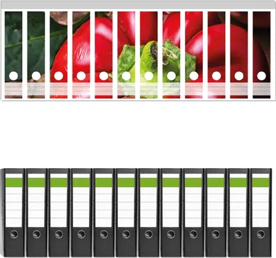 Produktbild von Wallario 12 Stück breite Ordner inkl. Klebeetiketten mit Motive Rote Paprika in der Küche -  Set mit Rückenschildern / Ordnerrücken Stickern