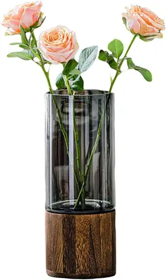 Zylindrische Blumenvase aus Glas mit Holzsockel, 25,5 cm